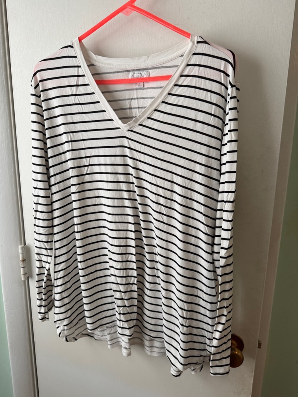 Mud Pie White V-Neck Long Sleeve Tee with Black Stripes